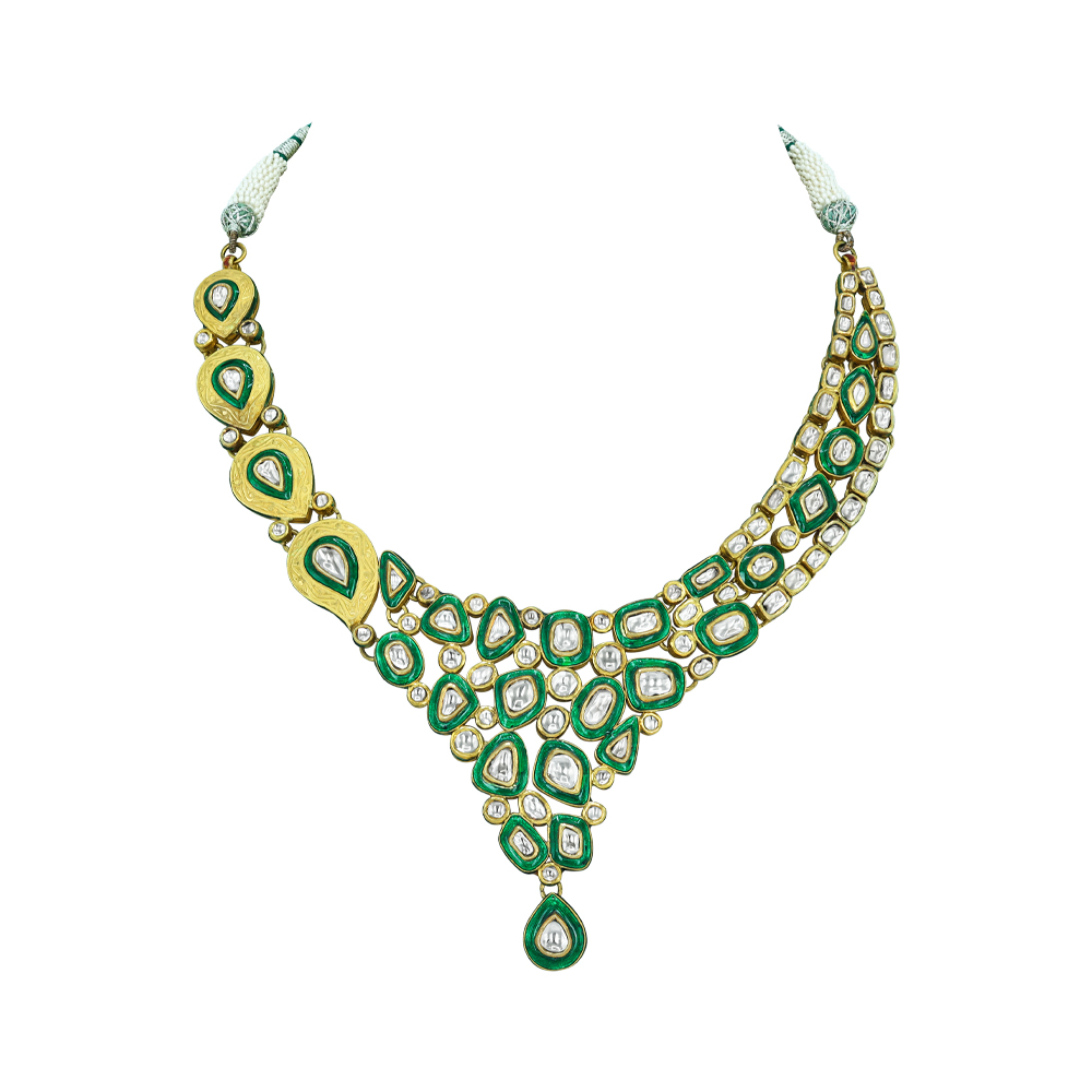 Cascading Polki Necklace with Green Enamel and Teardrop Center